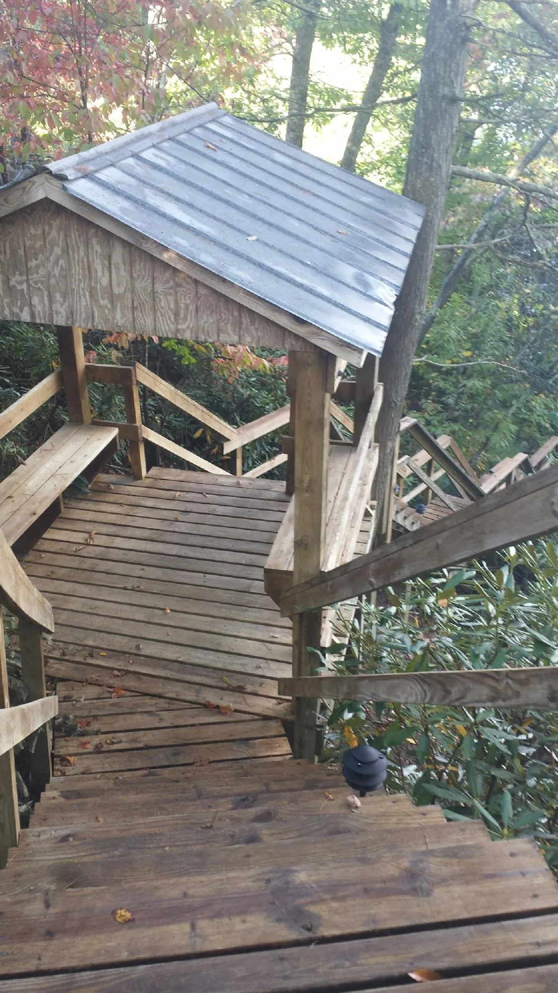 Metal roofed shelter over wooden steps on a wooded walkway — Skylight Repair & Installation work by our crew in Richardsville
